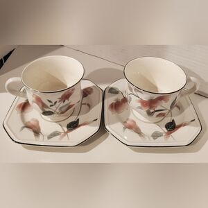 Pair Of Mikasa Continental Silk Flowers Saucers & Footed Teacup F 3003